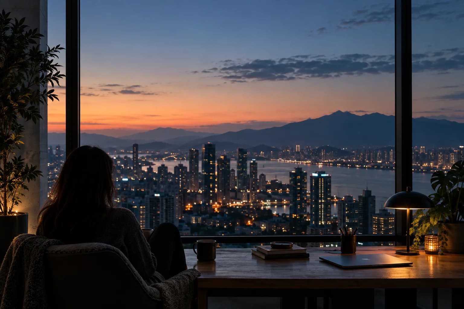 A quiet moment looking out over a city at sunset
